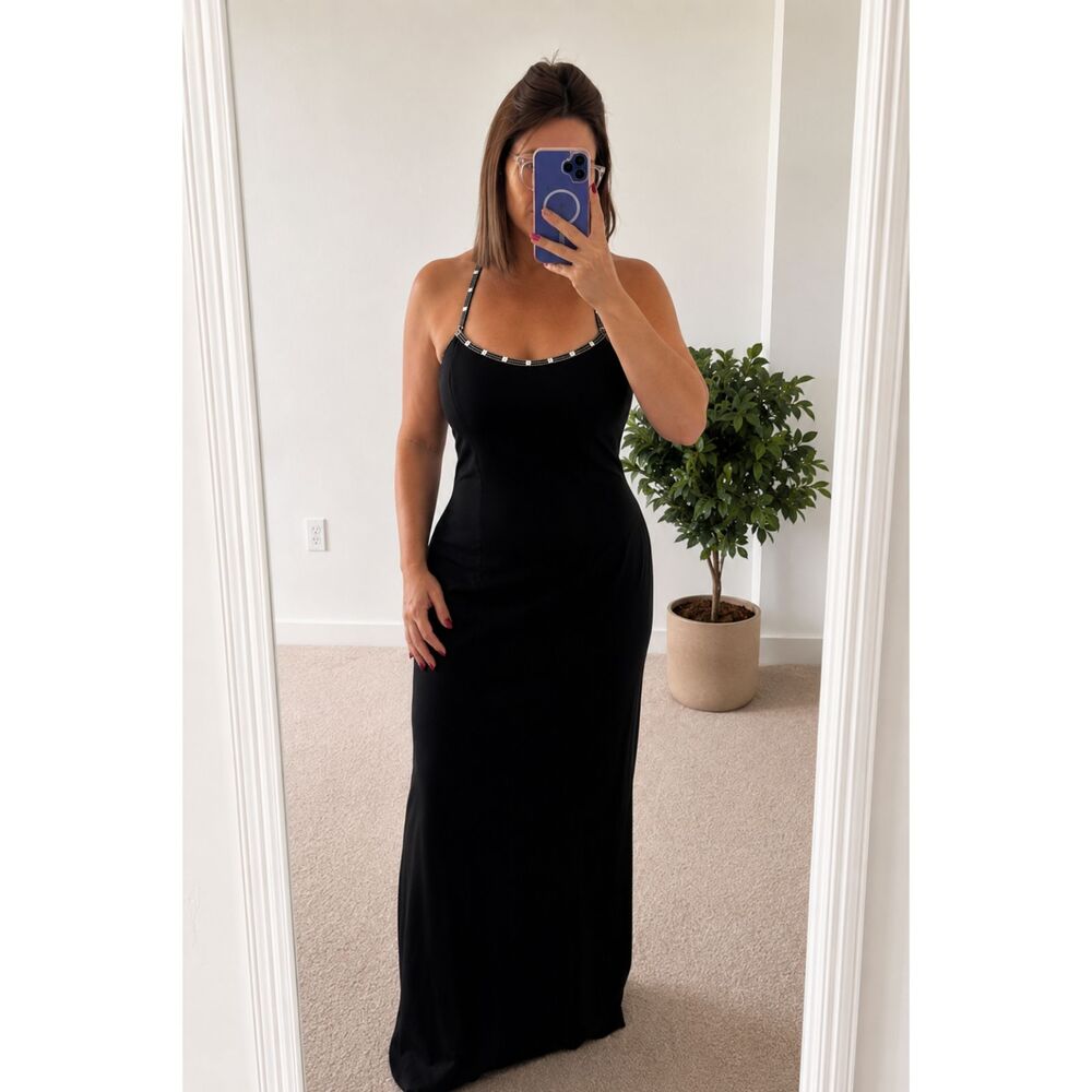 Dave & Johnny Black Beaded Back Evening Gown 13/14 Y2K Formal Dress